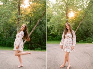 Outdoor senior session in Minnesota featuring a high school senior sitting in tall grass at sunset.