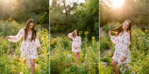 Senior portrait of a student in tall grass at golden hour in Minnesota.