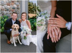 ride and groom with their golden retriever Penny at Rush Creek Golf Club wedding